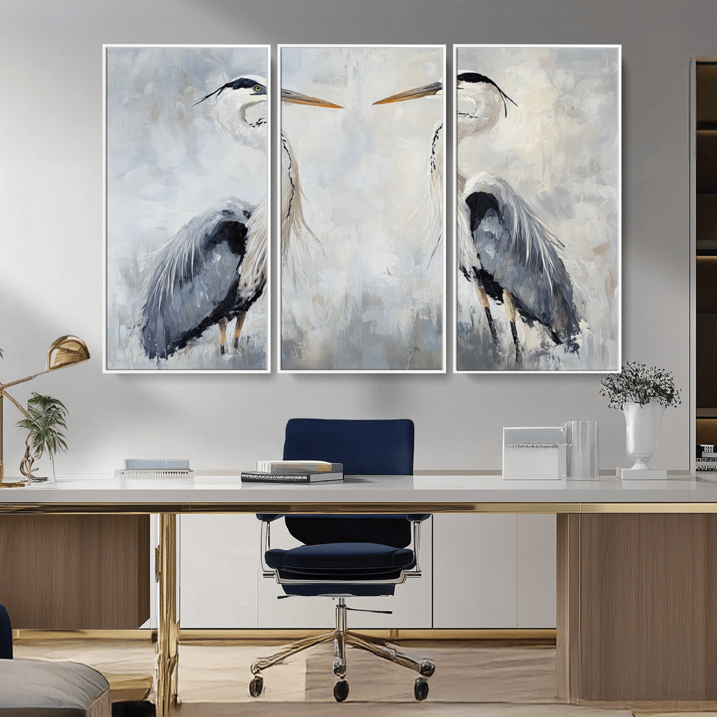 MGV-FC-48X32-3P - Heron Wall Art Wall Art Canvas Print, Framed Bird Canvas Decor Art Picture Print, Nature Inspired Perfect Coastal Minimalist Decor Artwork