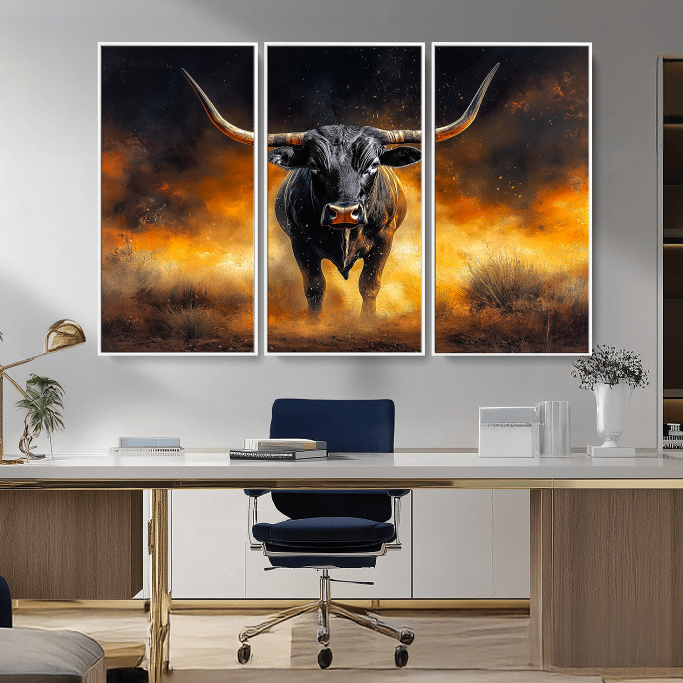 MGV-FC-48X32-3P - Longhorn Canvas Wall Art Canvas Print, Framed Bold Bull Wall Art Art Picture Print, Western Animal Decor Perfect Western Dramatic Decor Artwork