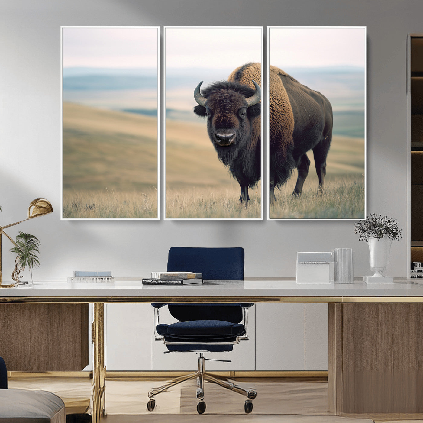 MGV-FC-48X32-3P - Bison Wall Art Wall Art Canvas Print, Framed Buffalo Canvas Print Art Picture Print, American Bison Decor Perfect Rustic Western Decor Artwork