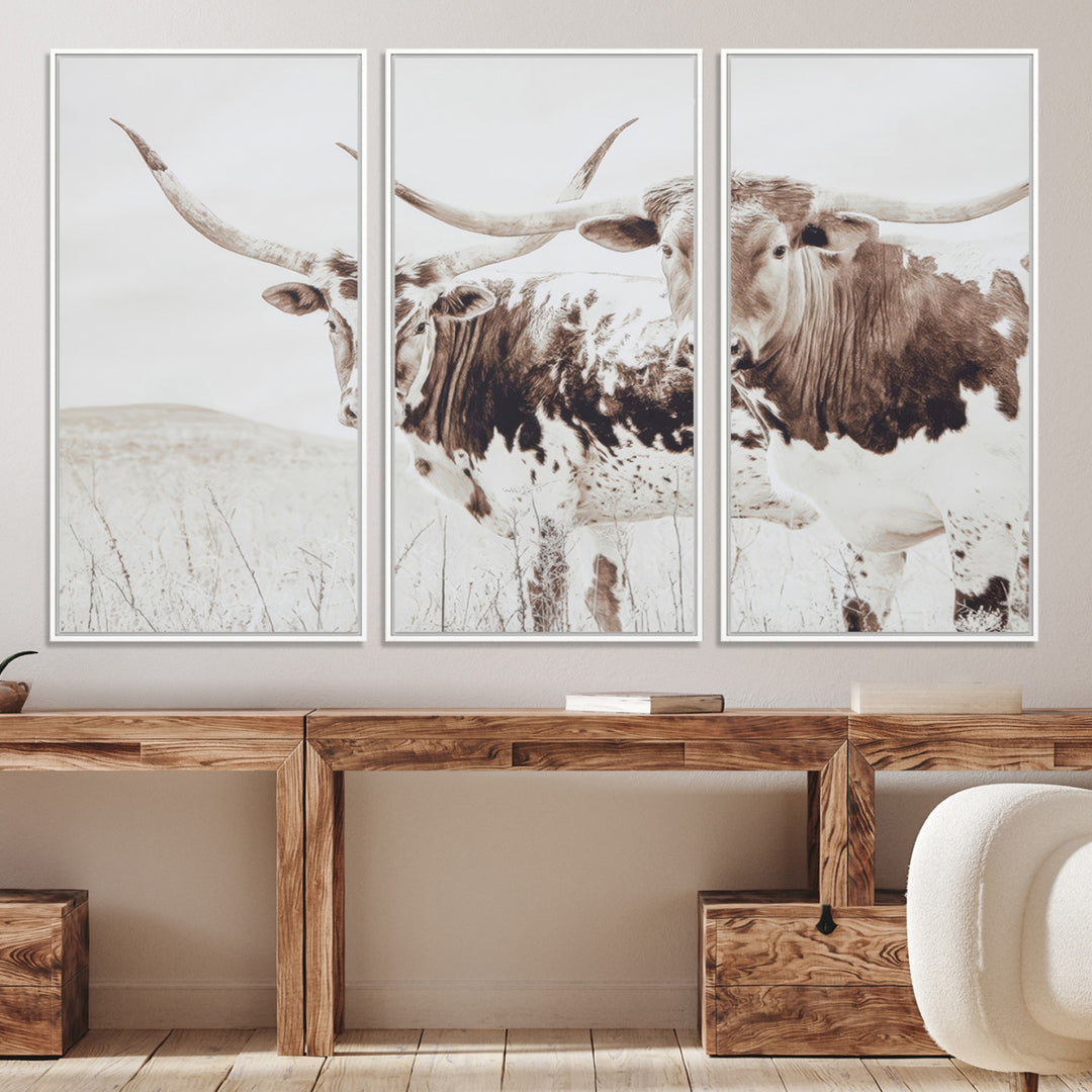 Longhorn Wall Art Wall Art Canvas Print, Western Cow Canvas Print, Framed Rustic Farm Decor Art Print, Large Neutral Animal Scene Printing