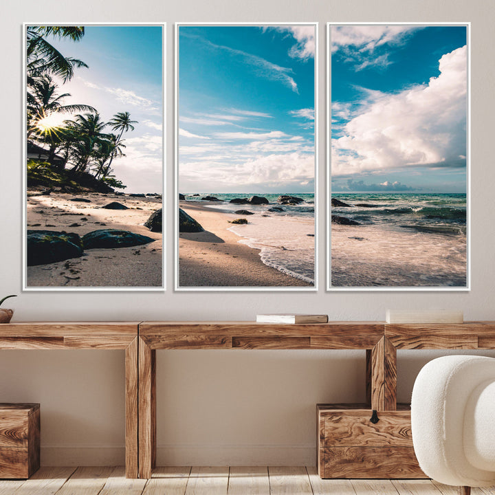 Tropical Beach Wall Art Canvas Print, Framed Ocean Waves Art Picture Print, Relaxing Seascape Perfect Tropical Coastal Decor Artwork