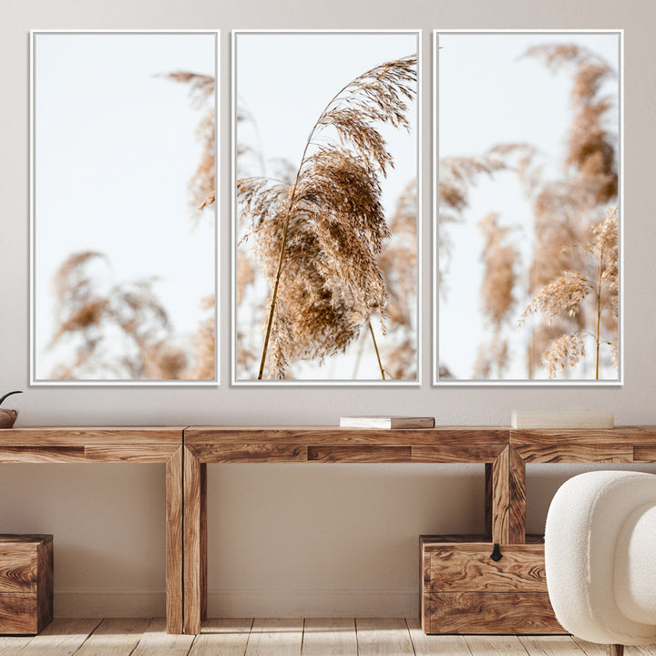 Pampas Grass Wall Art Canvas Print, Framed Neutral Tones Art Picture Print, Minimalist Nature Perfect Boho Decor Artwork