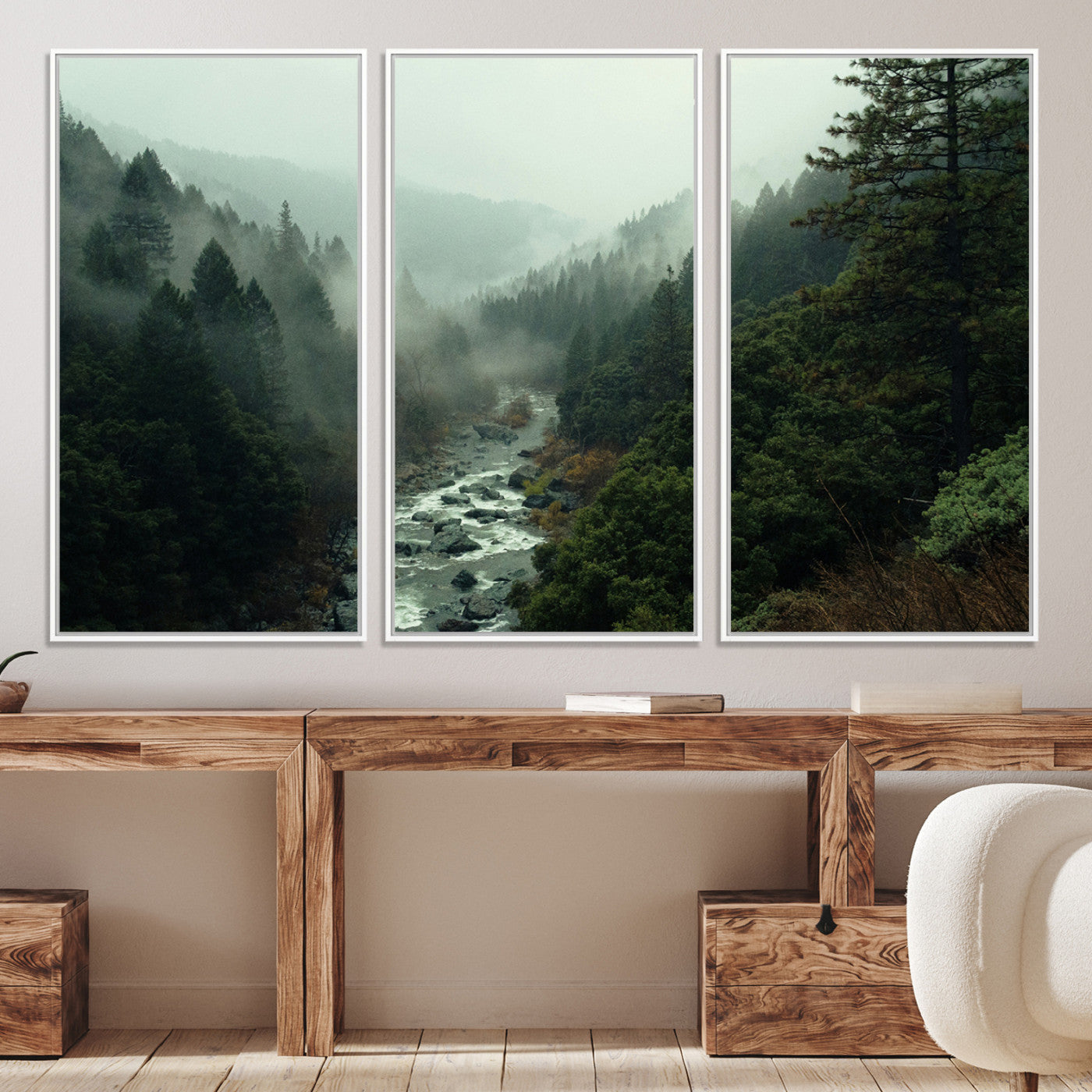 48497565-MGV-CV-36X24-Misty Forest Wall Art Canvas Print, Framed Foggy River Art Picture Print, Moody Landscape Perfect Wilderness Decor Artwork