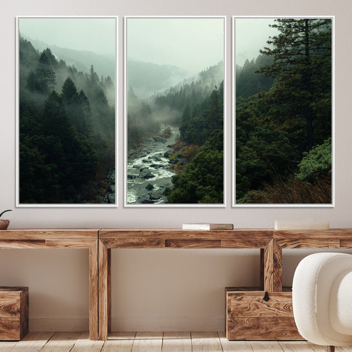 Misty Forest Wall Art Canvas Print, Framed Foggy River Art Picture Print, Moody Landscape Perfect Wilderness Decor Artwork