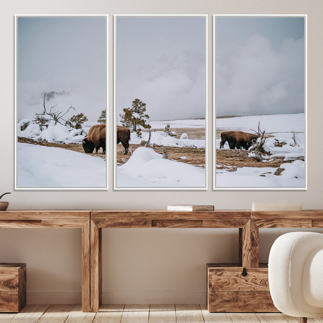 Bison Wildlife Wall Art Canvas Print, Framed Snowy Prairie Art Picture Print, Western Perfect Rustic Decor Artwork