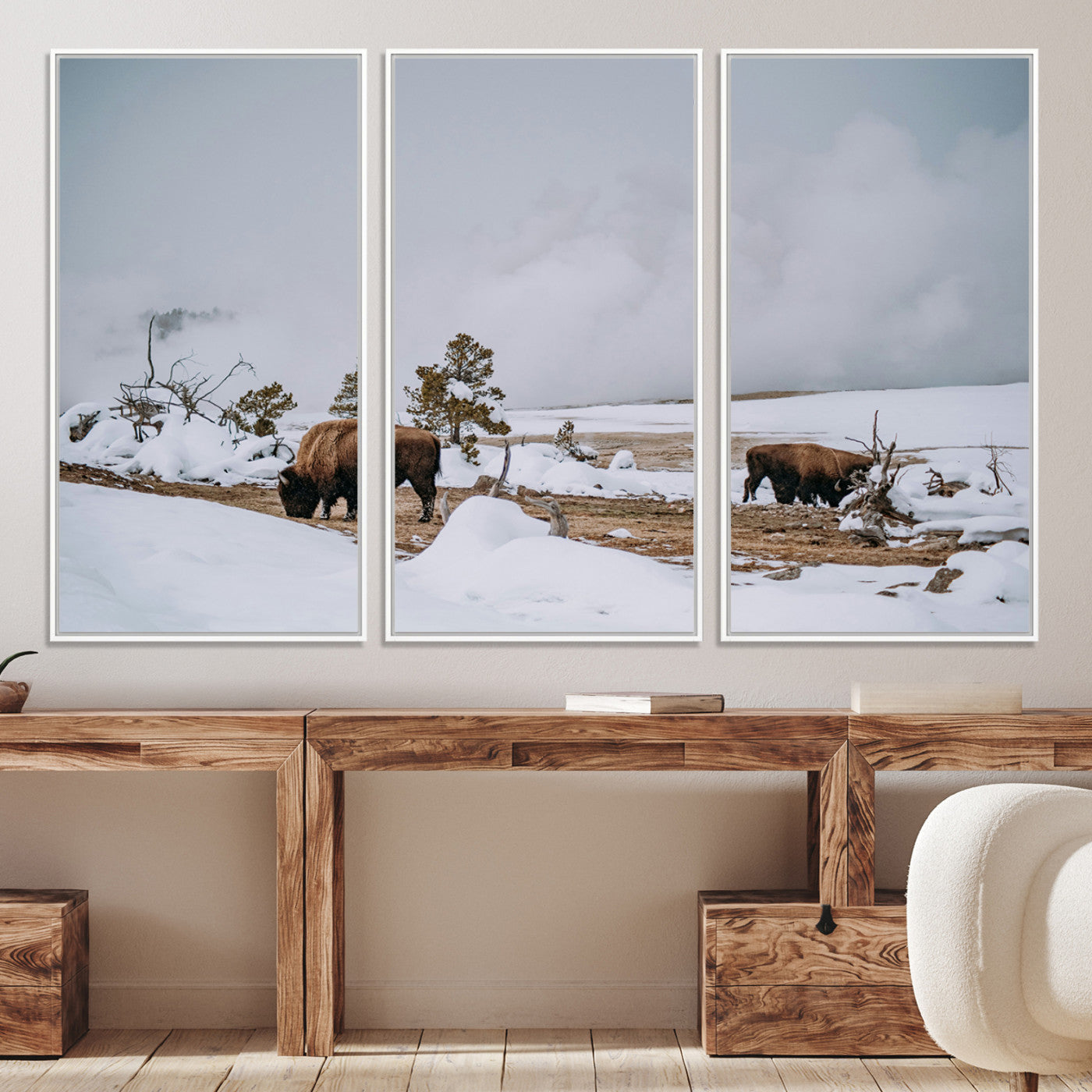 60308289-MGV-CV-36X24-Bison Wildlife Wall Art Canvas Print, Framed Snowy Prairie Art Picture Print, Western Perfect Rustic Decor Artwork