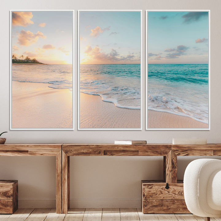 Beach Sunset Wall Art Canvas Print, Framed Ocean Waves Art Picture Print, Summer Escape Perfect Coastal Decor Artwork