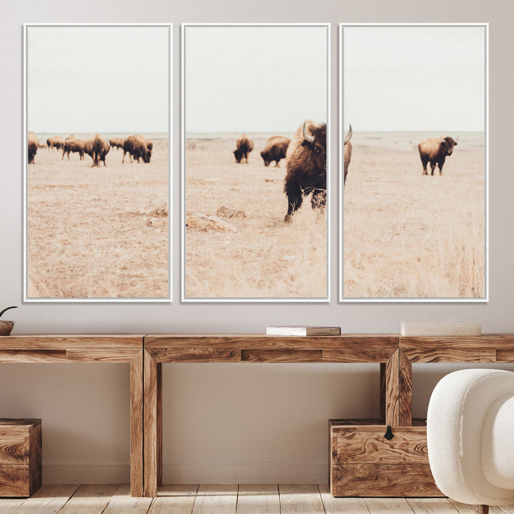 Bison Herd Wall Art Canvas Print, Framed Western Art Picture Print, Prairie Serenity Perfect Ranch Decor Artwork