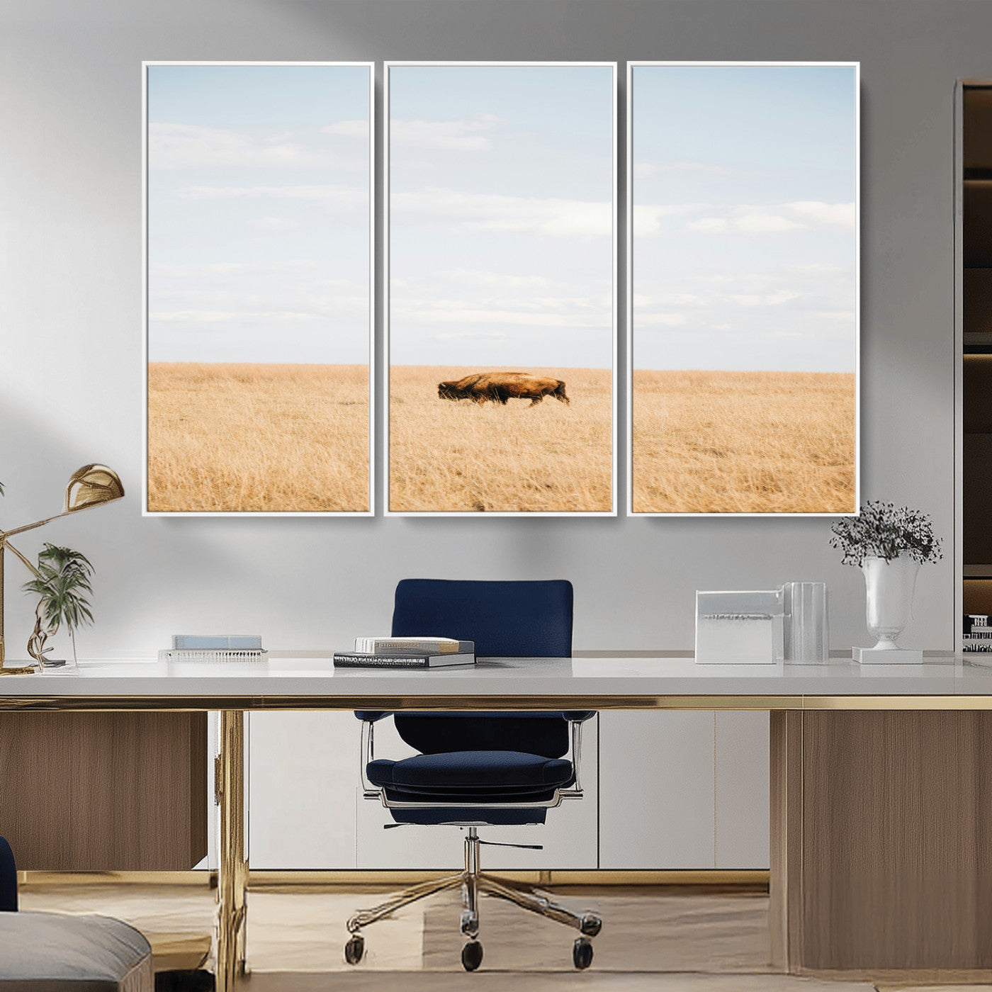 MGV-FC-48X32-3P - Minimalist Nature Wall Art Canvas Print, Framed Bison In Grassland Art Picture Print, Open Field Perfect Modern Ranch Decor Decor Artwork