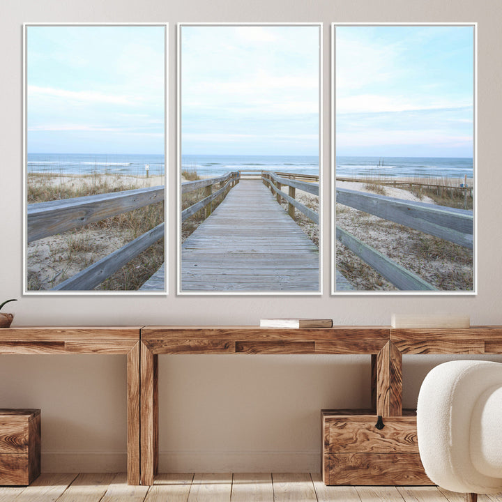 Beach Boardwalk Wall Art Canvas Print, Framed Coastal Serenity Art Picture Print, Ocean View Perfect Coastal Decor Artwork