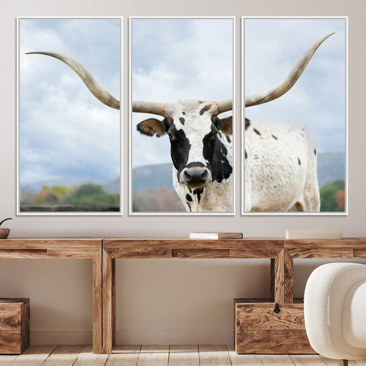 Texas Longhorn Wall Art Canvas Print, Framed Western Rustic Art Picture Print, Farmhouse Decor Perfect Farmhouse Decor Artwork