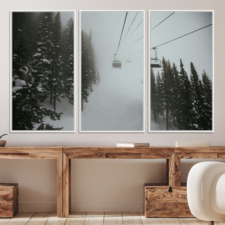 Ski Lift Wall Art Canvas Print, Framed Snowy Pines Art Picture Print, Misty Landscape Perfect Winter Serenity Decor Artwork