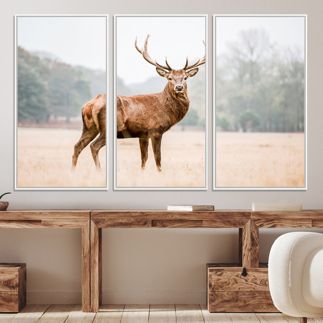 Vintage Wildlife Canvas Print, Framed Misty Landscape Art Picture Print, Deer Wall Art Perfect Rustic Wildlife Decor Artwork
