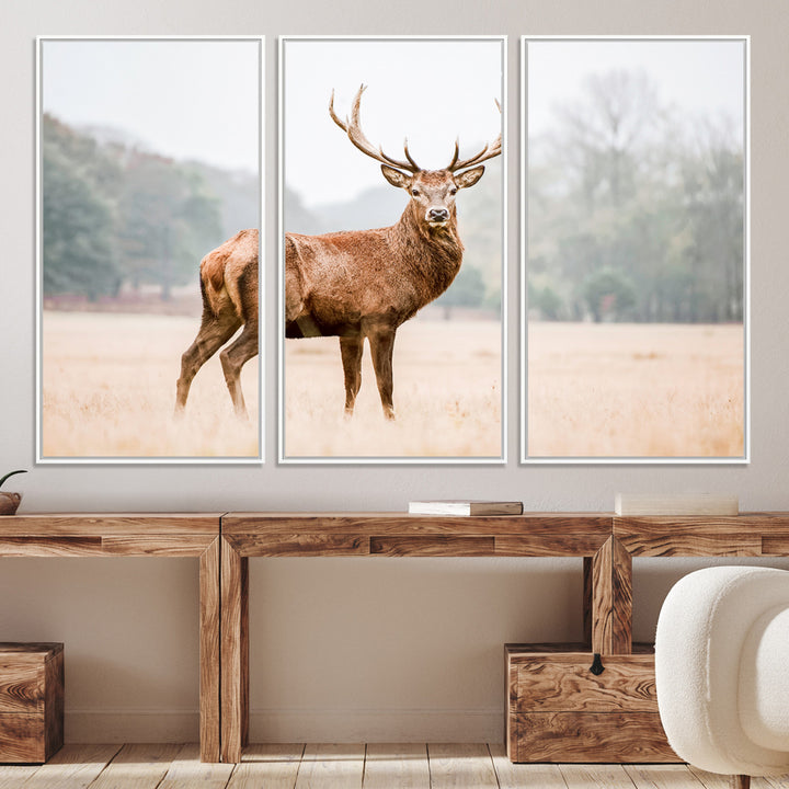 Vintage Wildlife Canvas Print, Framed Misty Landscape Art Picture Print, Deer Wall Art Perfect Rustic Wildlife Decor Artwork
