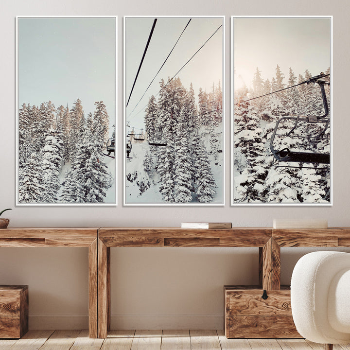 91534512-MGV-CV-36X24-Frosty Pines Wall Art Canvas Print, Framed Cozy Cabin View Art Picture Print, Ski Lift Ride Perfect Rustic Lodge Decor Artwork
