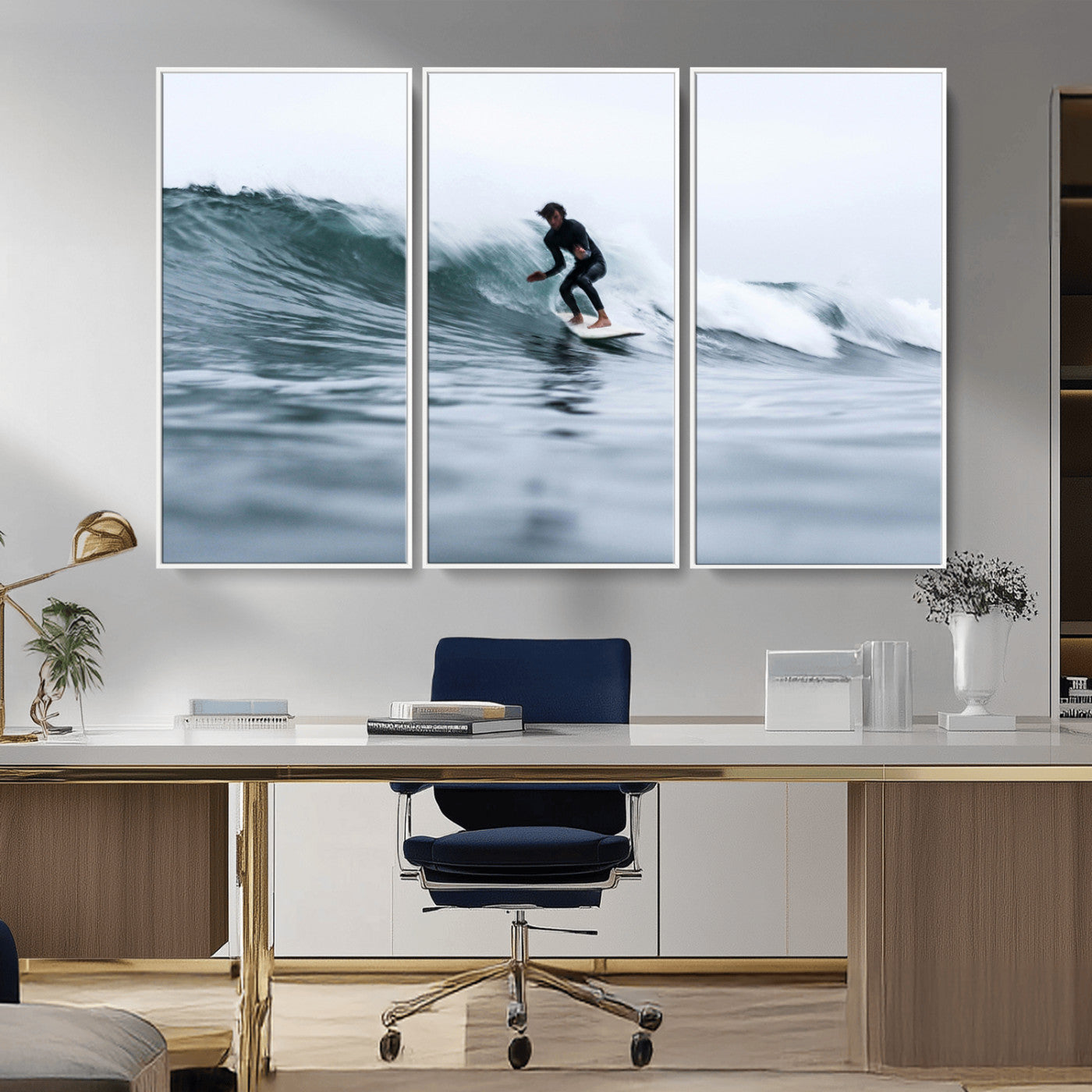 MGV-FC-48X32-3P - Surfer on Wave Wall Art Canvas Print, Framed Ocean Adventure Art Picture Print, Motion Blur Water Perfect Coastal Adventure Decor Artwork