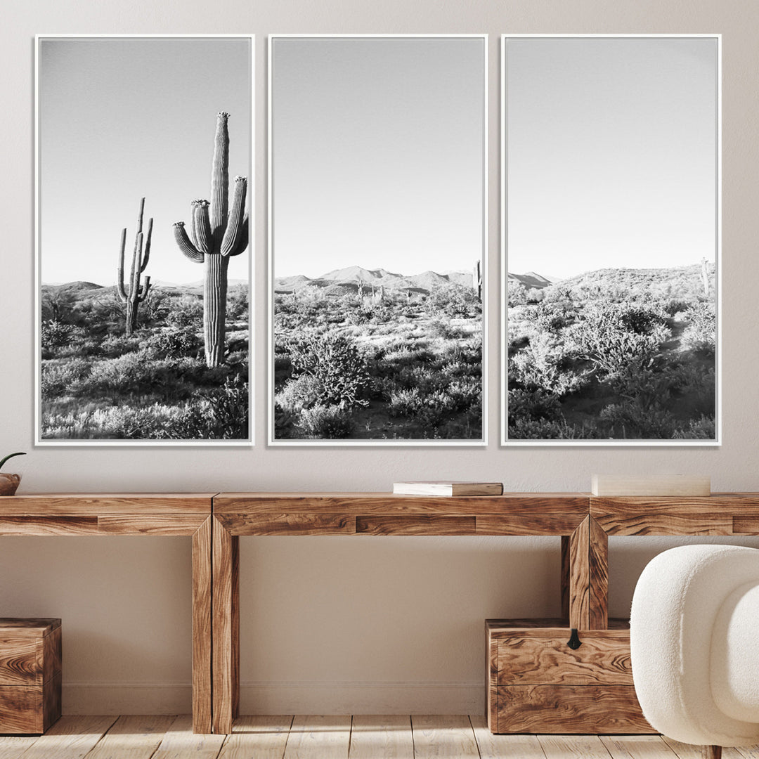 Saguaro Cactus Wall Art Canvas Print, Monochrome Landscape Print, Framed Scenic Arizona Art Print, Large Timeless Western Aesthetic Printing