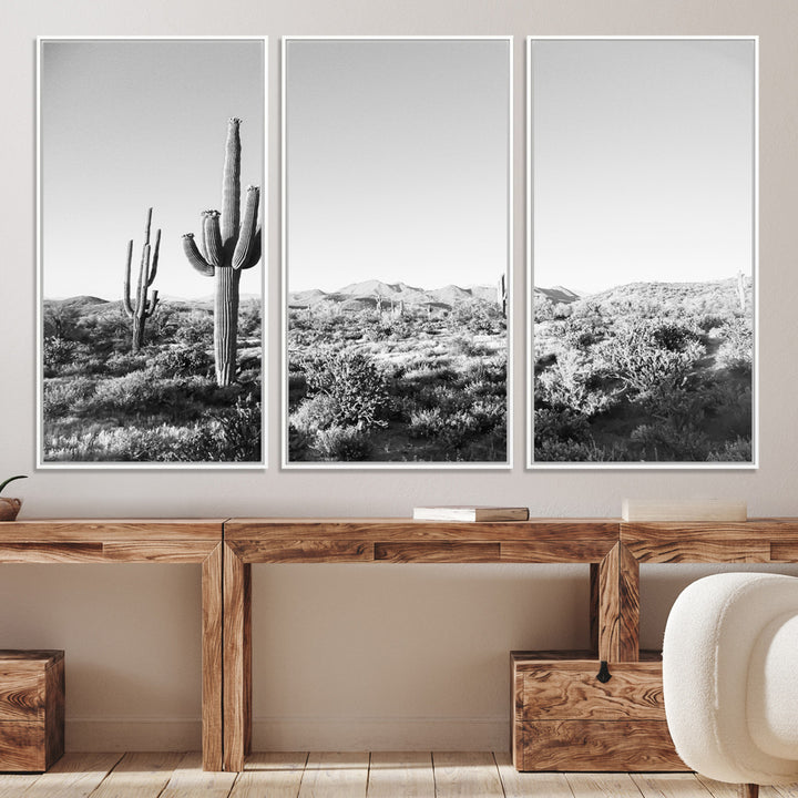 Saguaro Cactus Wall Art Canvas Print, Monochrome Landscape Print, Framed Scenic Arizona Art Print, Large Timeless Western Aesthetic Printing
