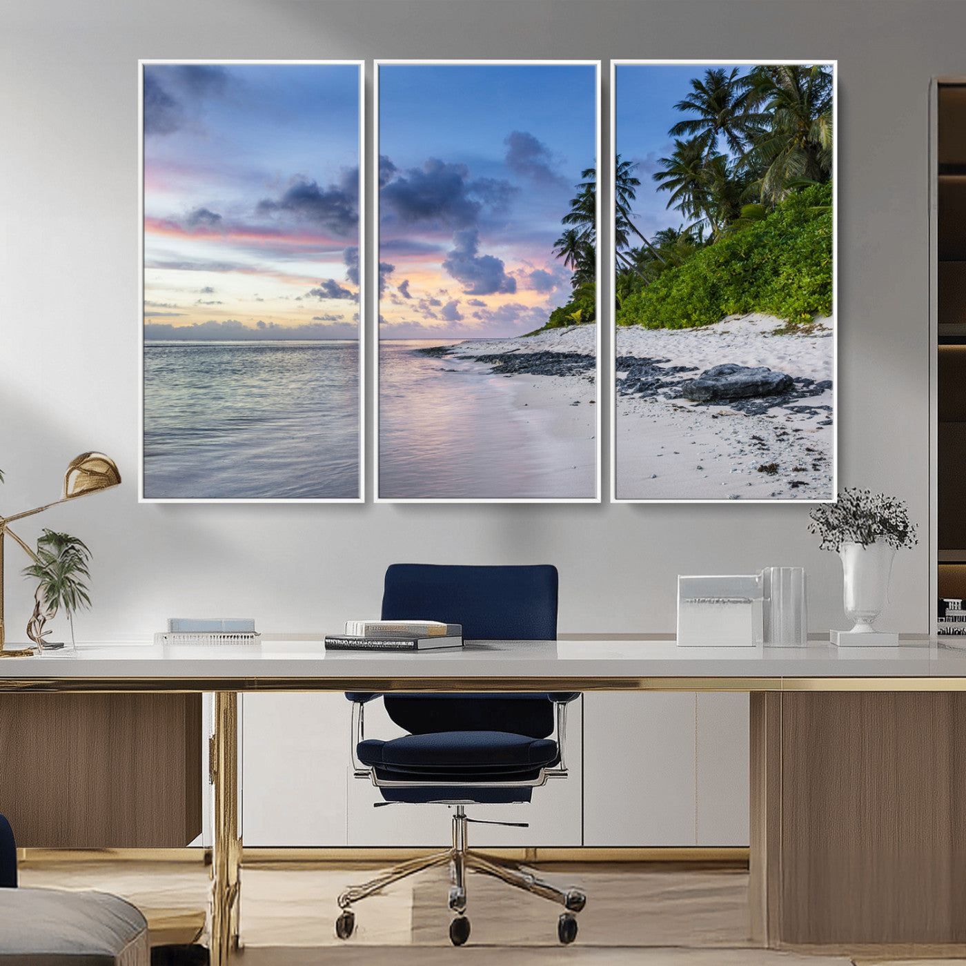 MGV-FC-48X32-3P - Tropical Beach Wall Art Canvas Print, Framed Sunset Glow Art Picture Print, Palm Tree Coast Perfect Tropical Coastal Decor Artwork