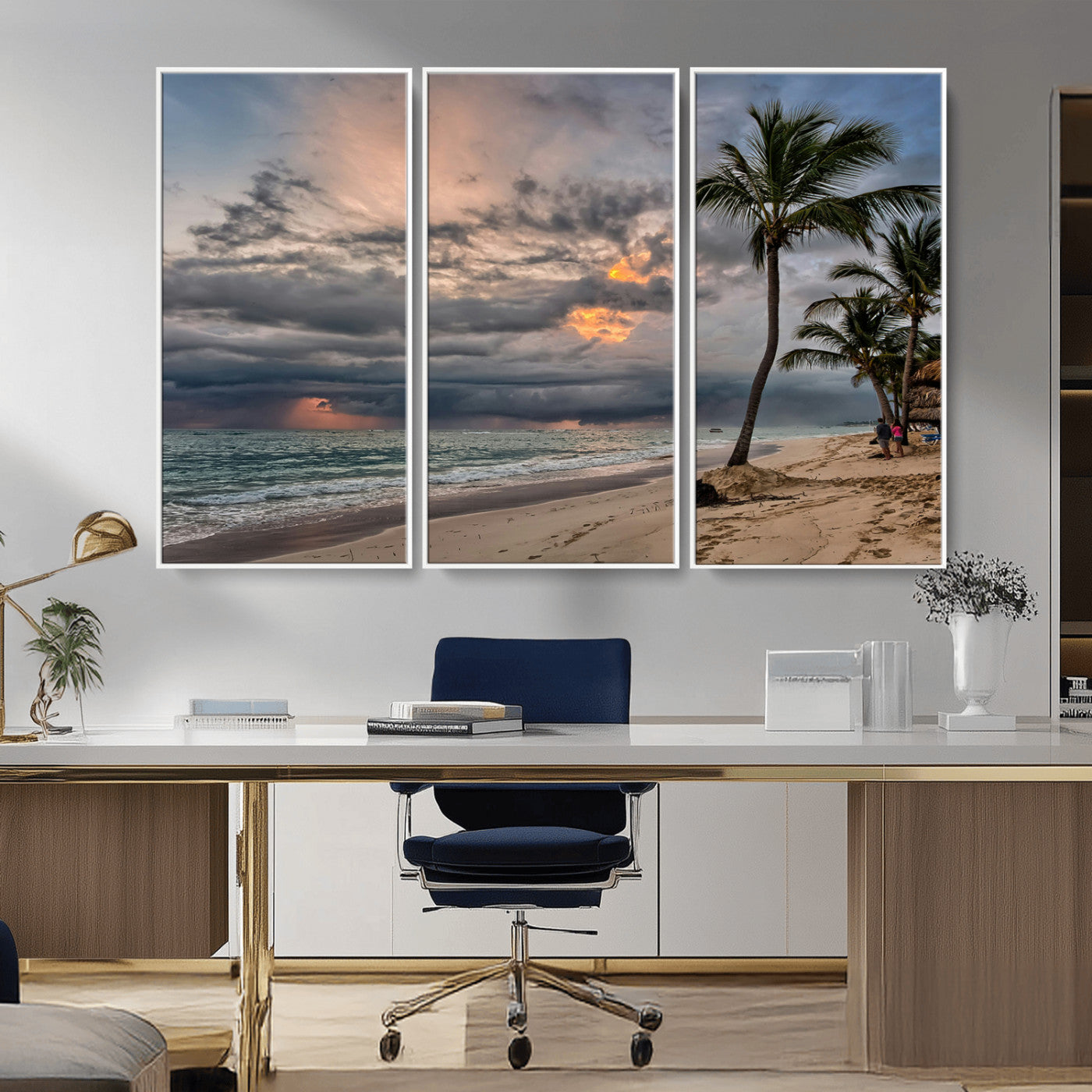 MGV-FC-48X32-3P - Tropical Storm Wall Art Canvas Print, Framed Moody Beach Art Picture Print, Dramatic Sky Perfect Tropical Coastal Decor Artwork