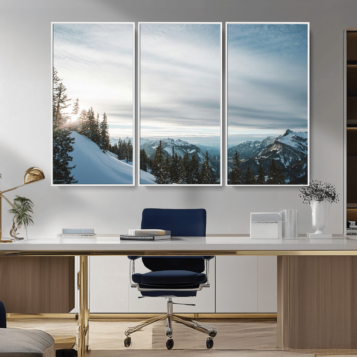 MGV-FC-48X32-3P - Snowy Mountains Wall Art Canvas Print, Framed Alpine Landscape Art Picture Print, Frosty Peaks Perfect Nordic Minimalist Decor Artwork