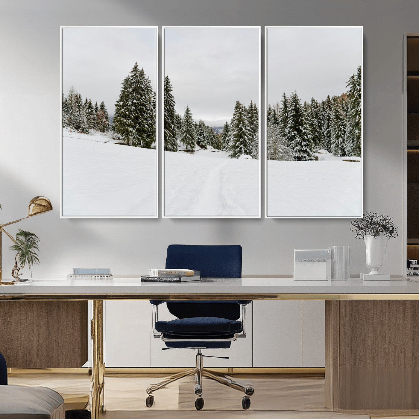 MGV-FC-48X32-3P - Frosty Pines Wall Art Canvas Print, Framed Silent Snowfall Art Picture Print, Cozy Cabin Vibes Perfect Nordic Minimalist Decor Artwork