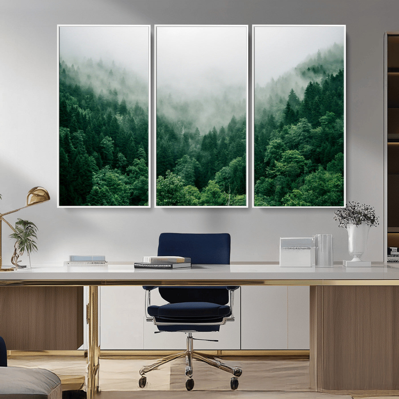 MGV-FC-48X32-3P - Misty Green Forest Canvas Print – Serene Foggy Pine Landscape Wall Art, Tranquil Nature Decor for