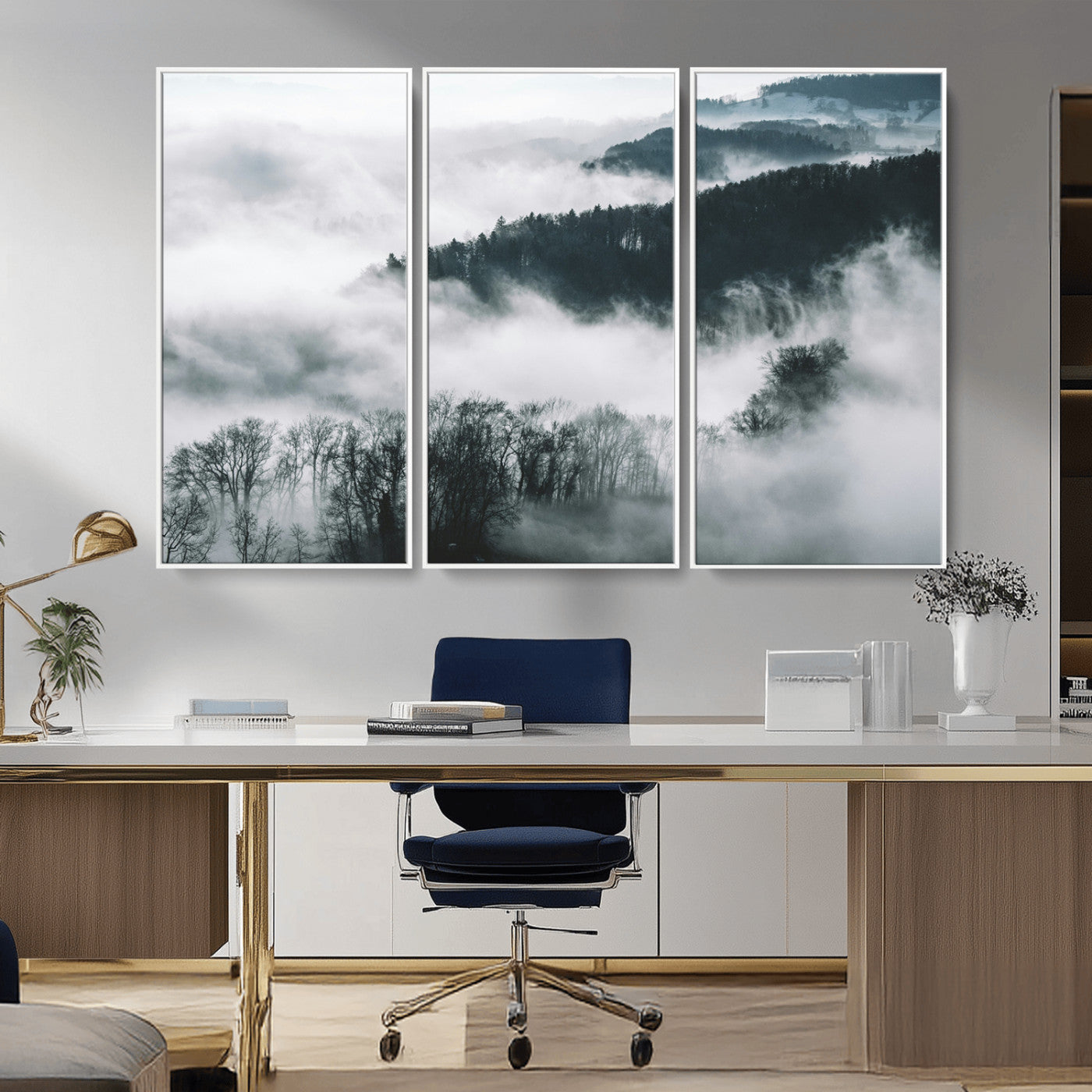 67569654-MGV-CV-36X24-Foggy Forest Landscape Wall Art Canvas Print – Misty Mountain Valley Scene in Monochrome Tones, Perfect for Minimalist or Nordic Home Decor