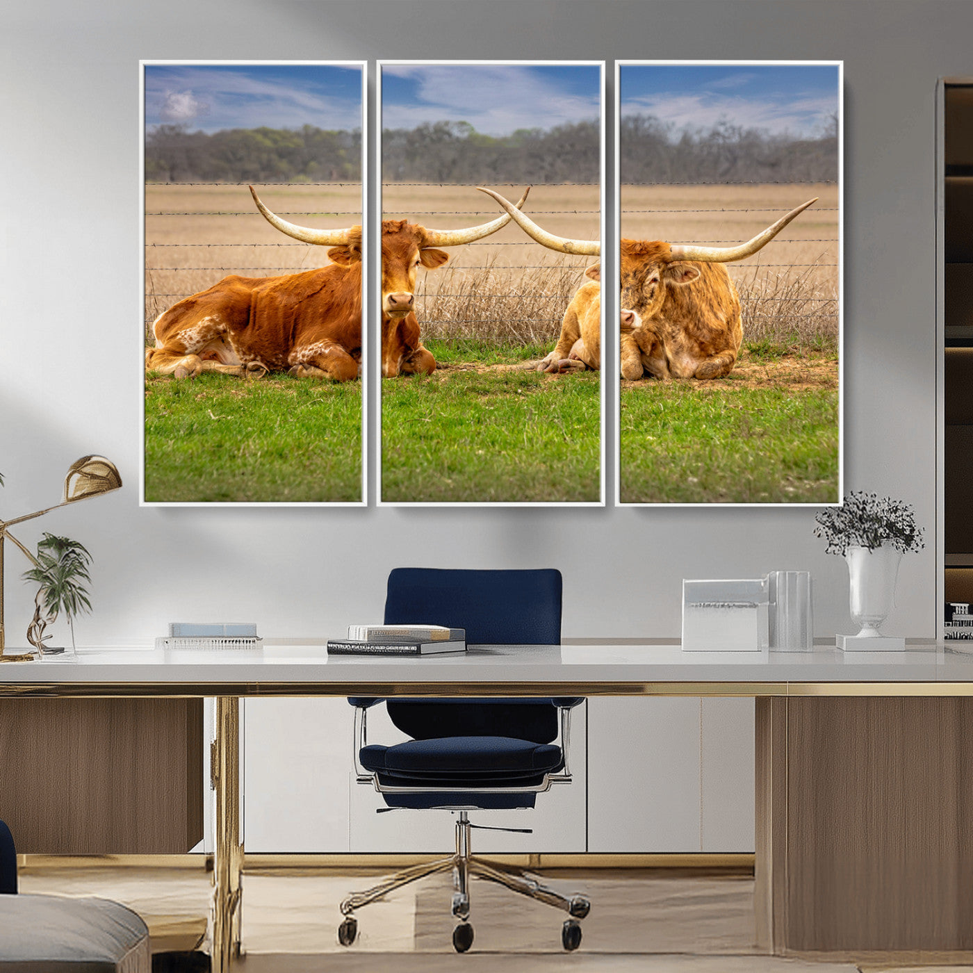 54598515-MGV-CV-36X24-Texas Longhorn Pair Wall Art Canvas Print – Peaceful Rustic Ranch Scene with Two Cattle in Field, Perfect for Western Farmhouse Home Decor