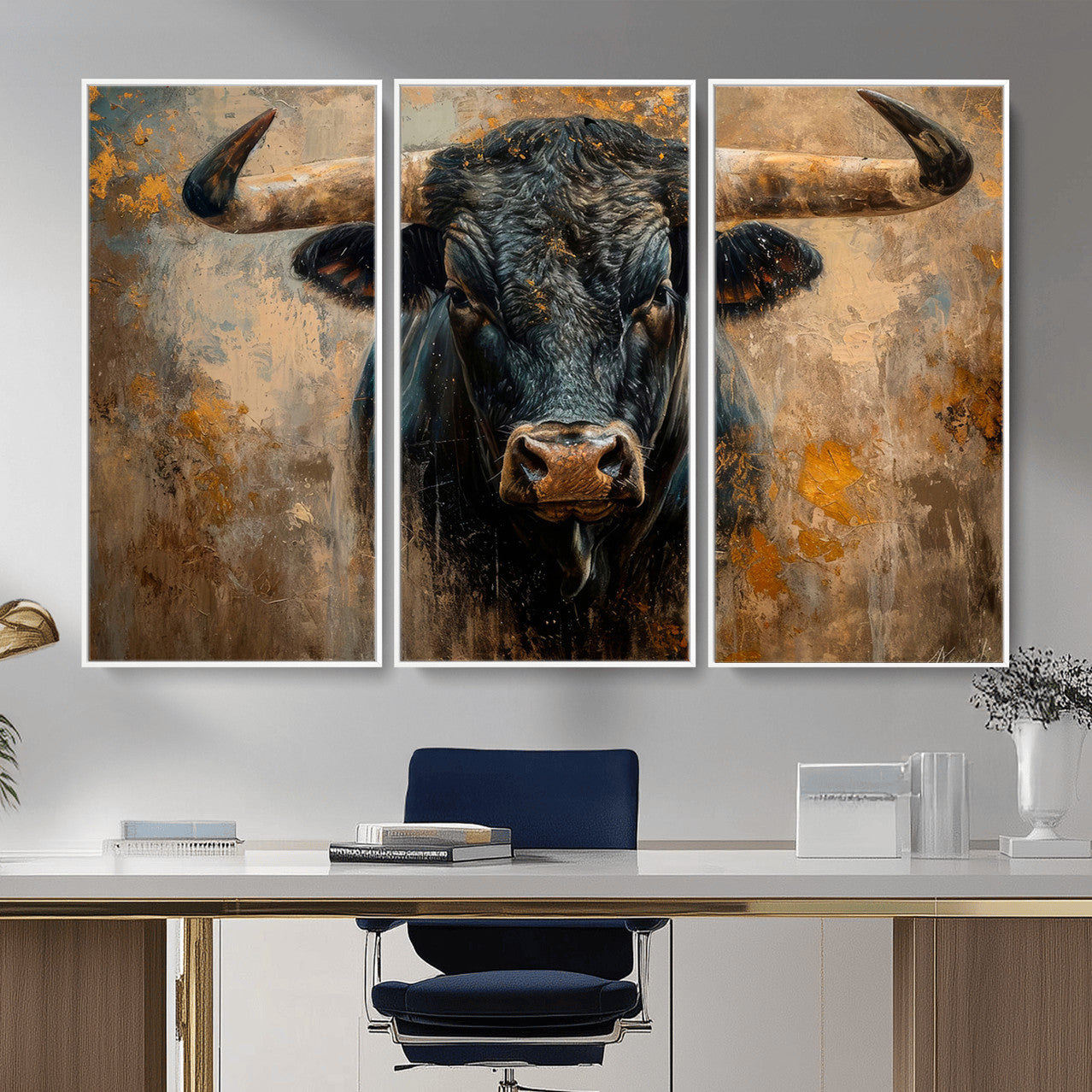91615410-MGV-CV-36X24 - Abstract Texas Longhorn Bull Wall Art – Rustic Farmhouse Canvas Print, Western Cabin Style Decor, Large Animal Artwork for Living Room or Office