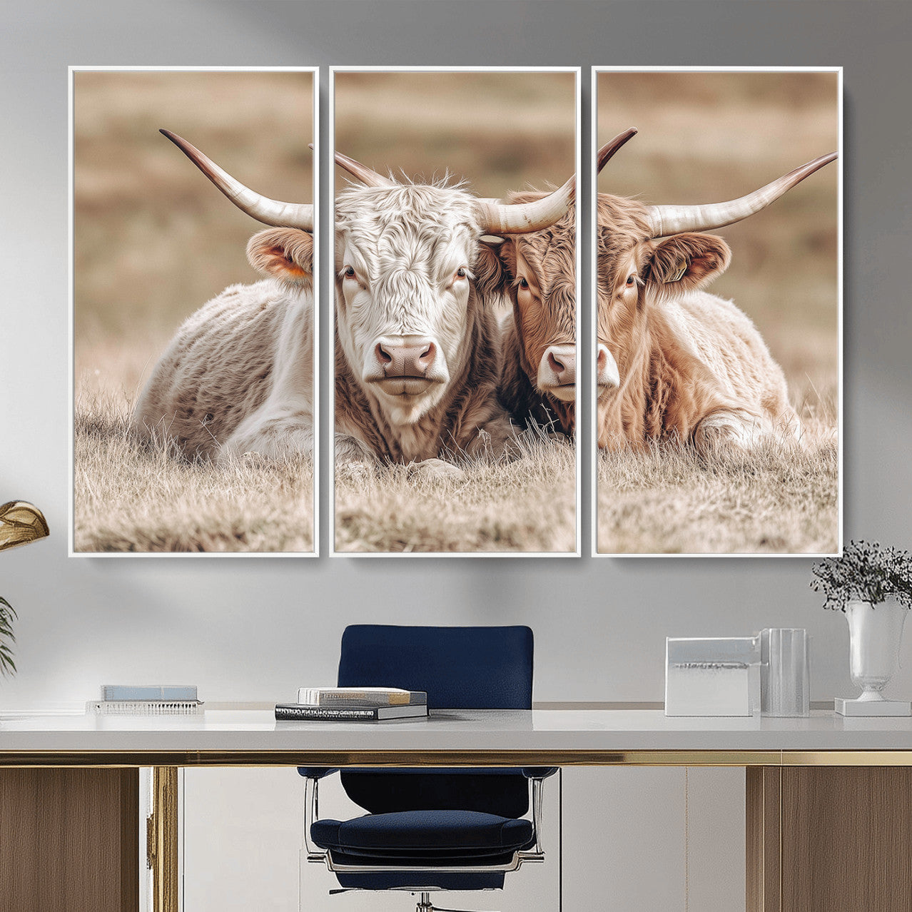 38651722-MGV-CV-36X24 - Highland Cows Meadow Canvas Wall Art – Peaceful Cow Photography Print, Rustic Farmhouse Animal Decor for Country Home, Living Room, Office