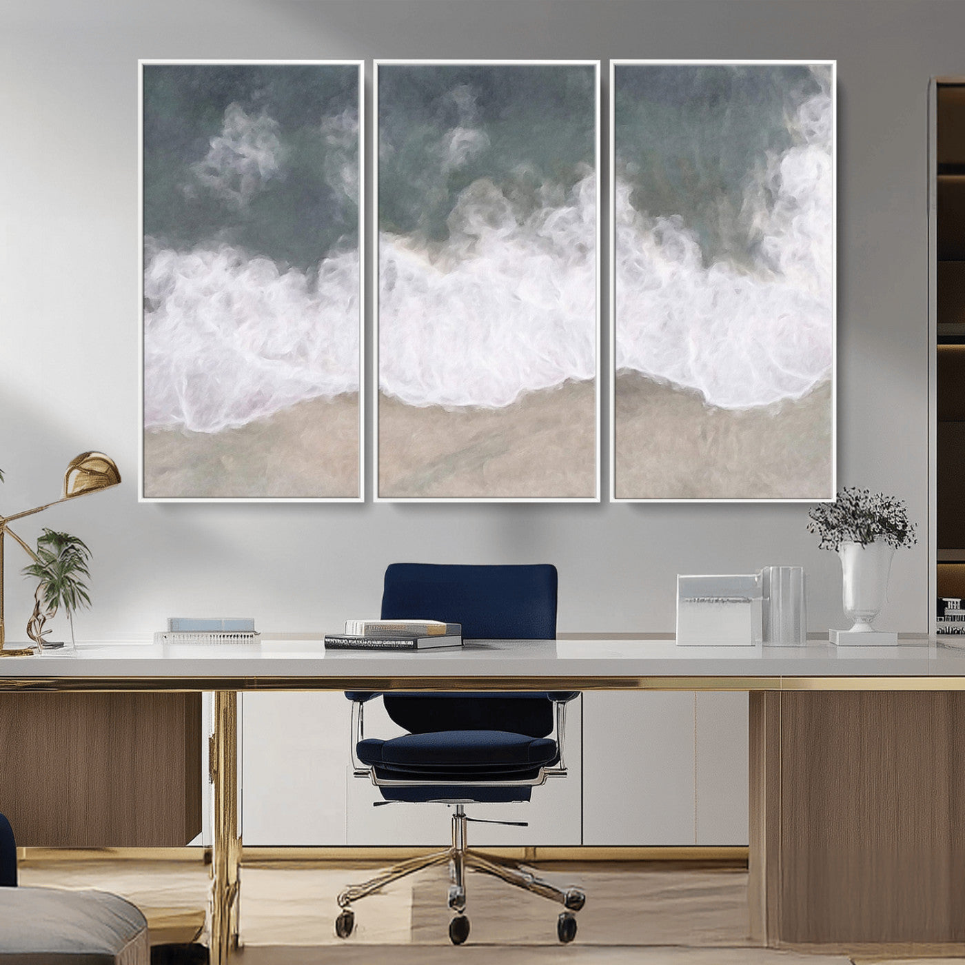 Wall art canvas print featuring foamy ocean waves softly rolling onto a sandy shore with a dreamy, painterly texture.