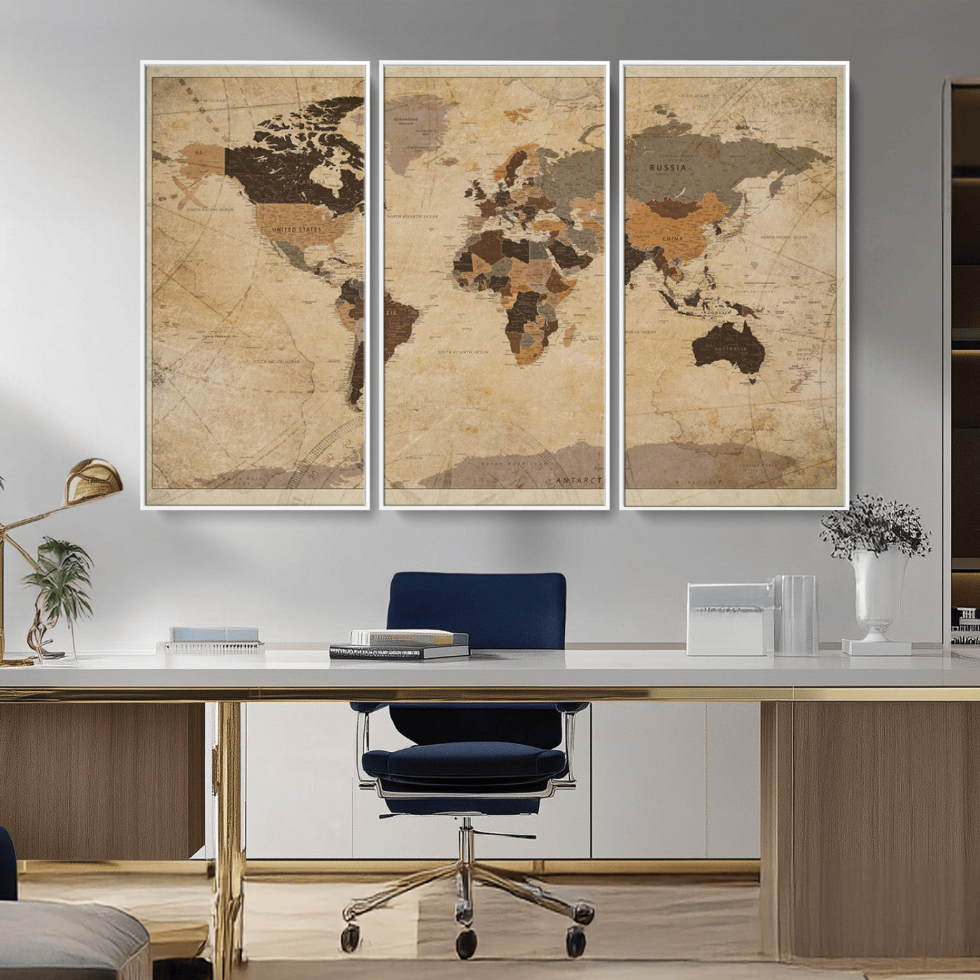 Vintage-style world map with muted brown, beige, and sepia tones, showing countries and continents with a weathered paper texture background.