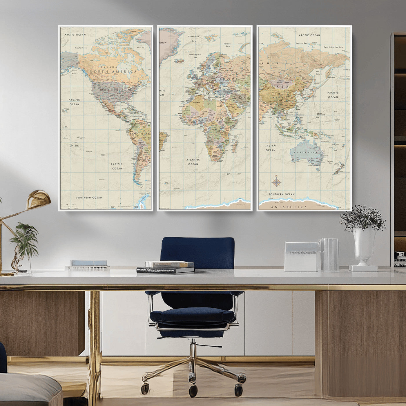 A detailed vintage-style political world map displaying continents, countries, and oceans with clear borders and labels, set on a beige textured background with grid lines.