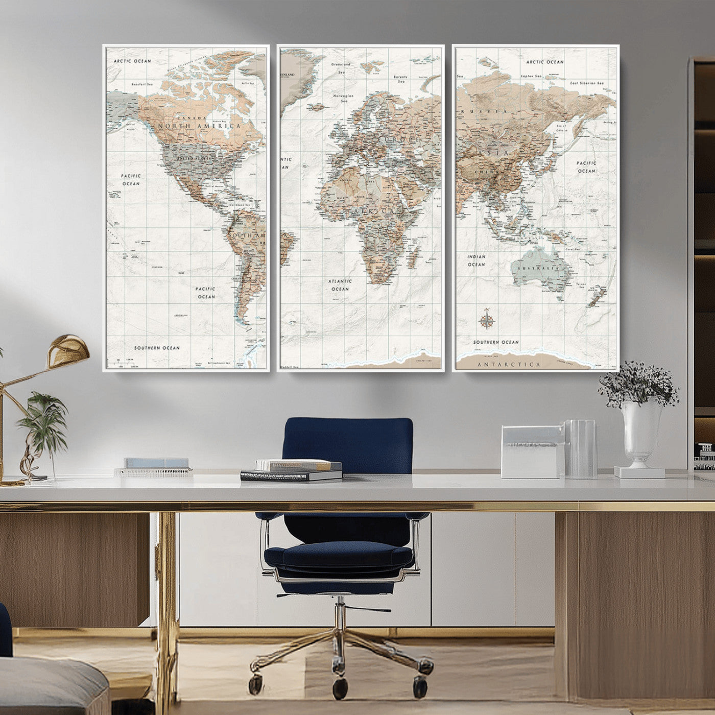 Vintage world map with detailed country borders and labels, featuring soft earthy tones of beige, brown, and gray on a textured parchment background, including oceans, continents, and major cities.