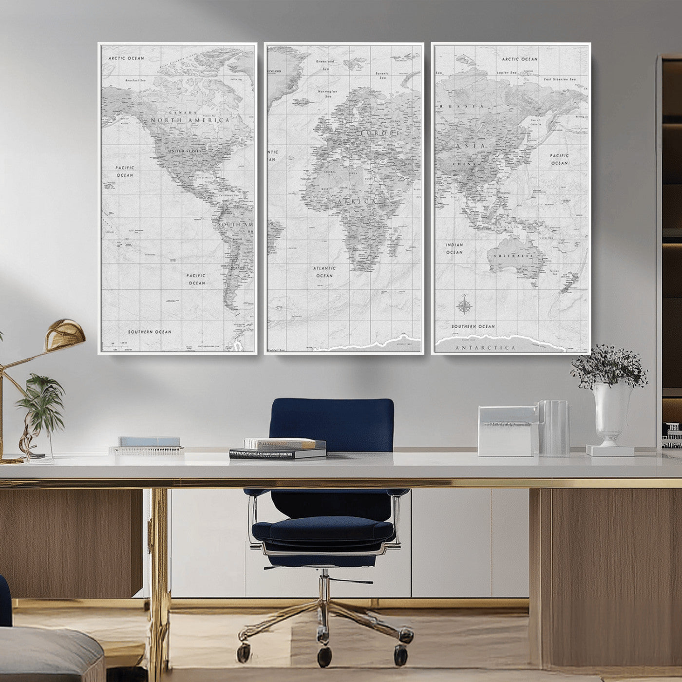 Grayscale vintage world map with detailed country borders, oceans, continents, and major cities on a textured parchment background.