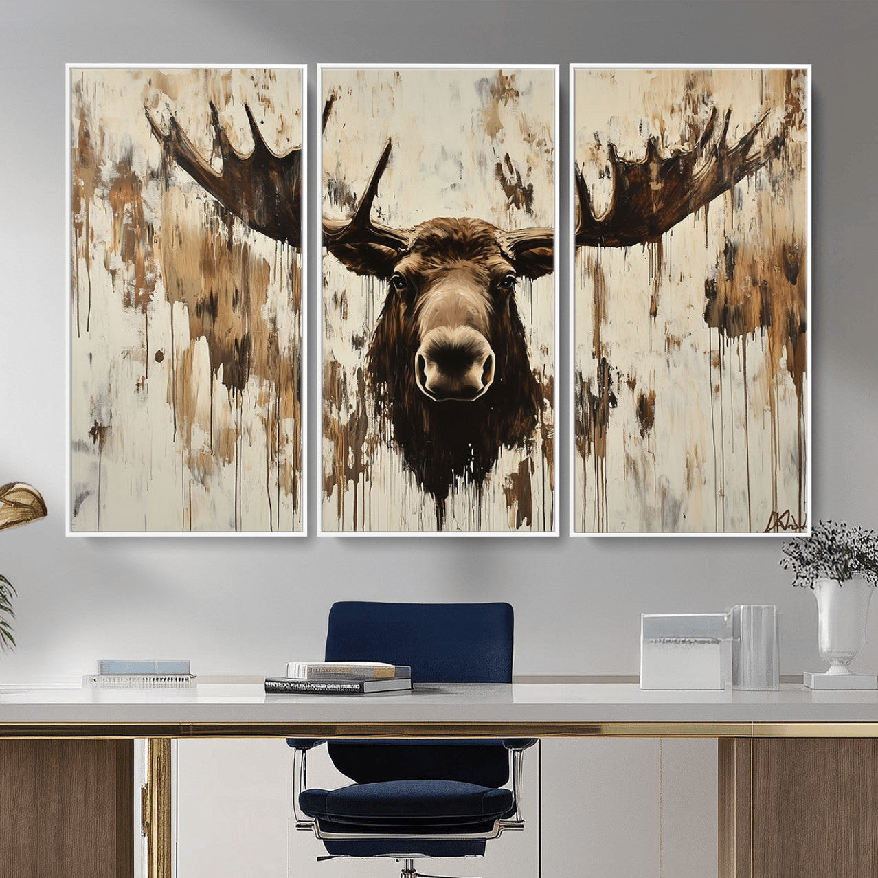 34496536-MGV-CV-36X24 - Powerful Moose Portrait Wall Art – Rich Earthy Tones, Expressive Brushstrokes, Striking Gaze, Raw Nature Vibes Decor for Home or Office