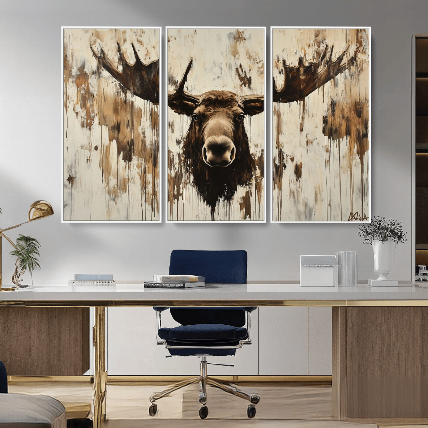 Expressive painting of a moose head with wide antlers in dark brown and beige tones, featuring paint drips and splatters on a light textured background, creating a striking rustic wall art canvas.