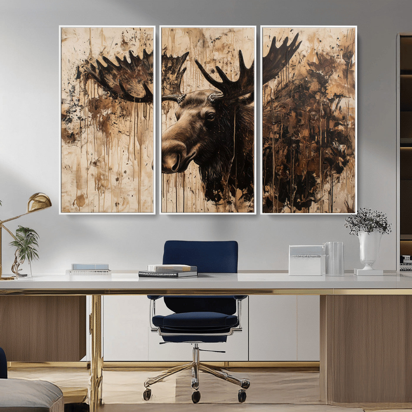 Artistic painting of a moose head with large antlers in shades of brown and black, with paint splatters and drips on a beige textured background, creating a rustic and expressive wall art canvas.