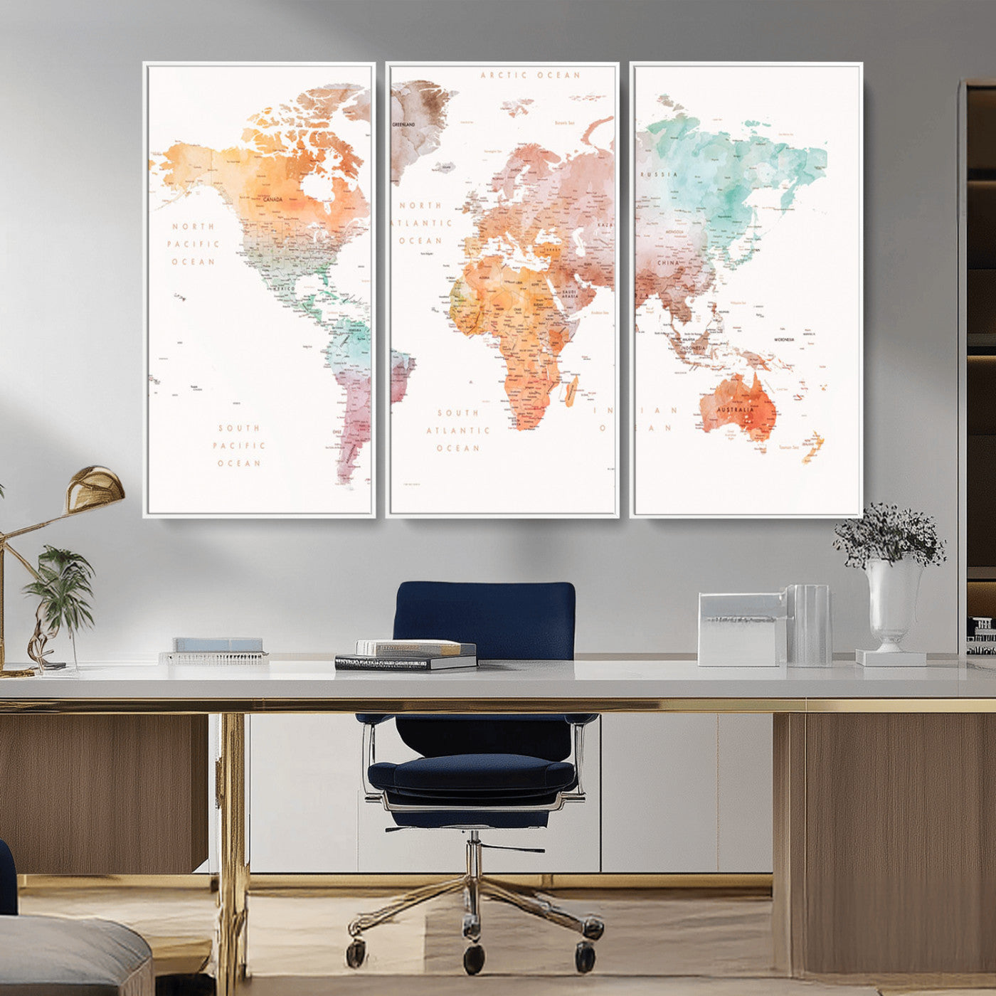 Watercolor world map featuring soft pastel hues in orange, green, blue, and purple on a light background, printed on canvas for vibrant and artistic wall decor.