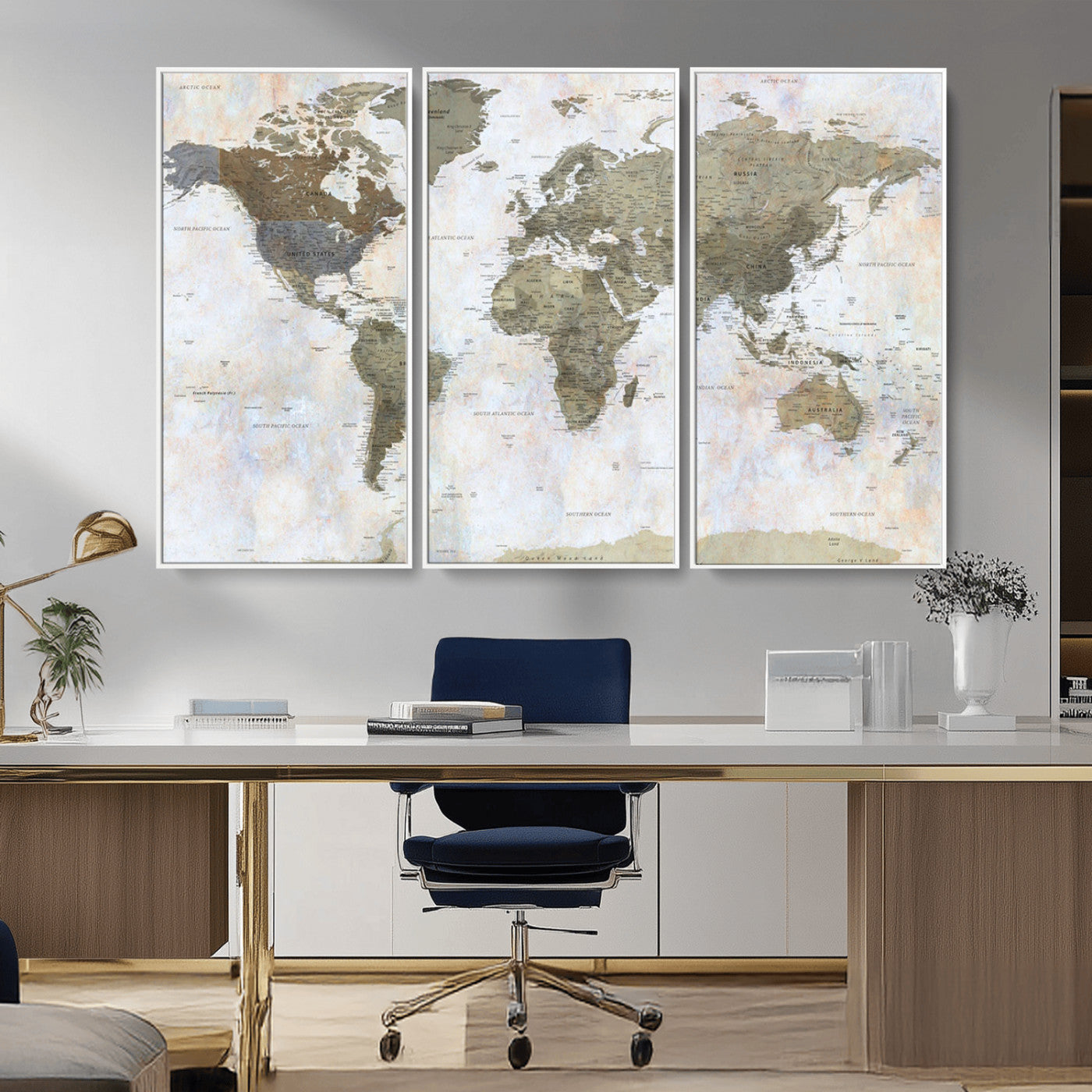 World map printed on a textured canvas with soft muted earth tones and a weathered background, showing detailed countries and continents, perfect for vintage-style wall art.