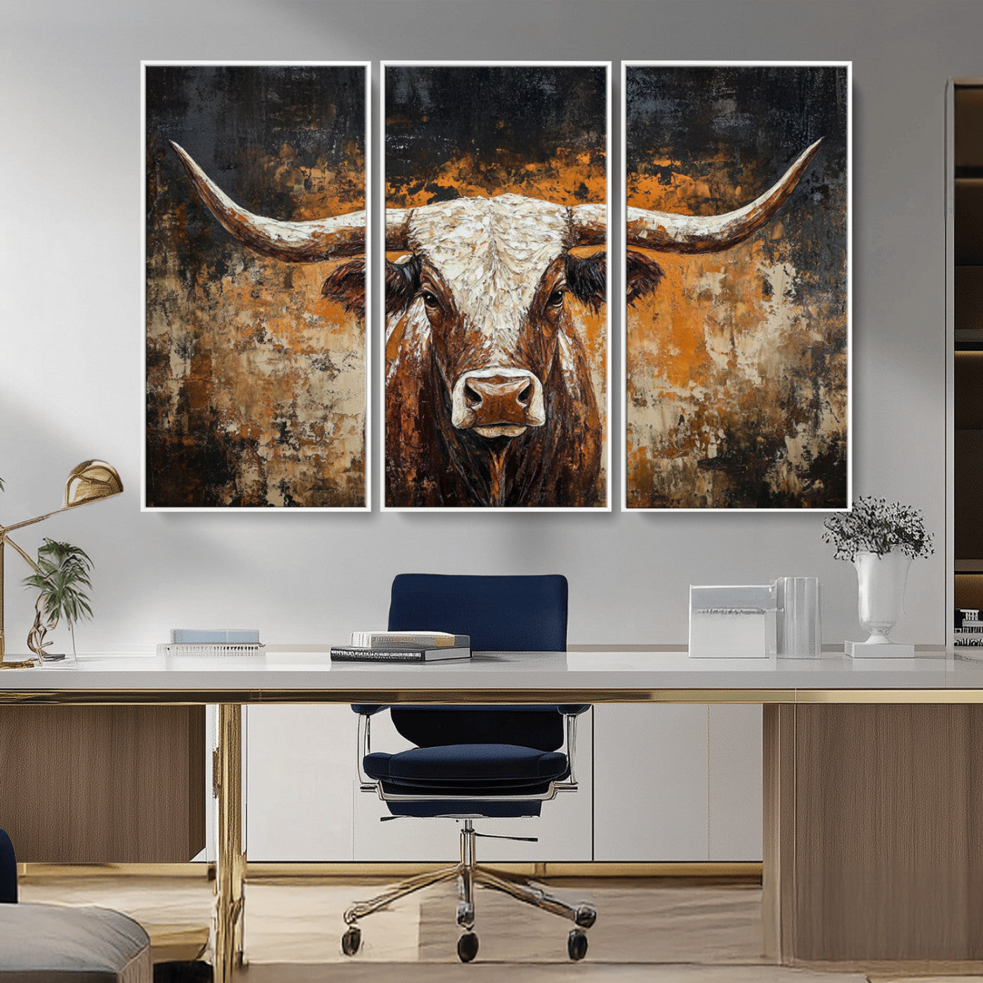 MGV-FC-48X32-3P - Rustic Longhorn Bull Wall Art Canvas Print – Vintage Western Cattle Painting, Texas Steer Artwork
