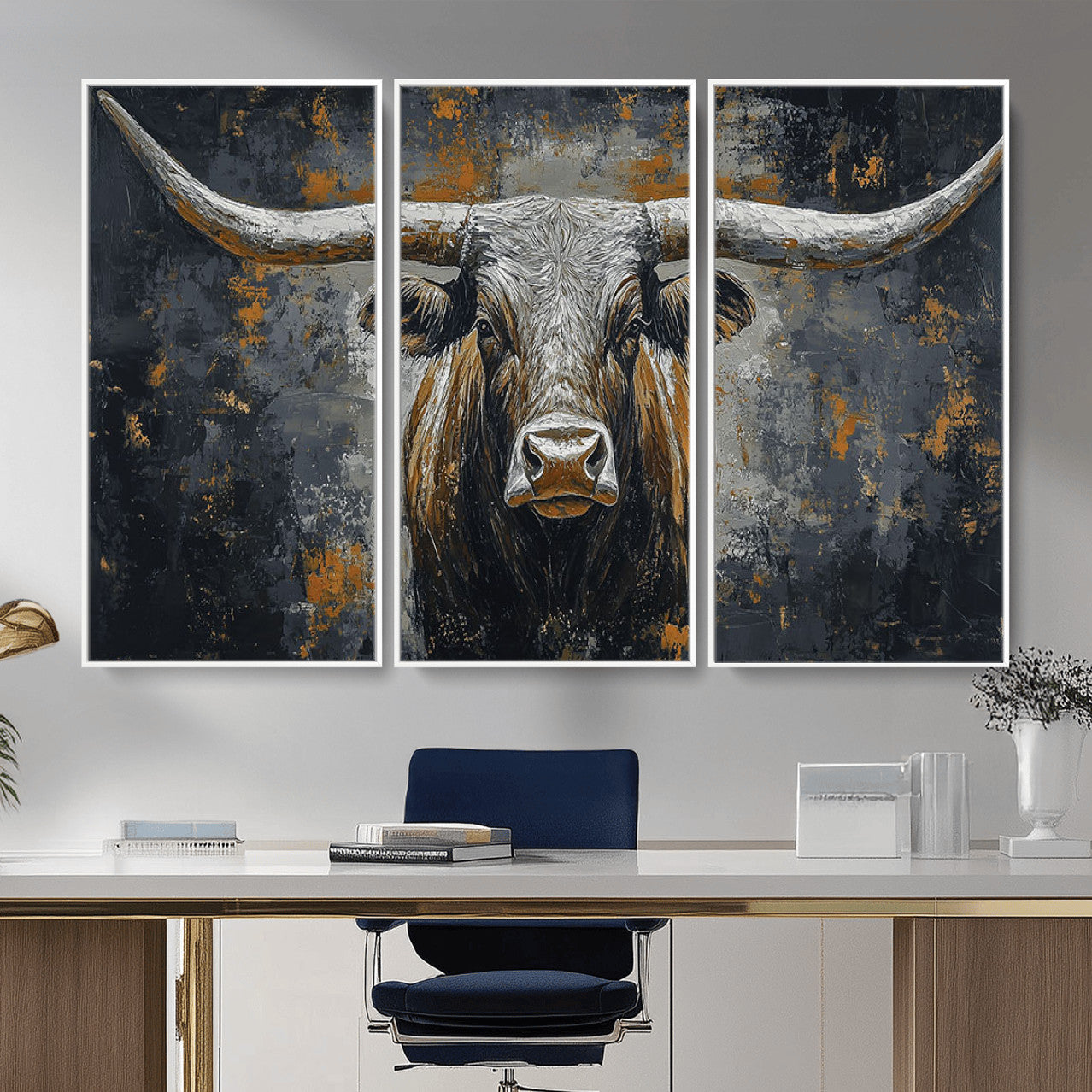 73972561-MGV-CV-36X24 - Bold Bull Wall Art Canvas – Striking Portrait with Wide Horns and Rich Brown Hues, Rustic Farmhouse and Western Decor for Home Room