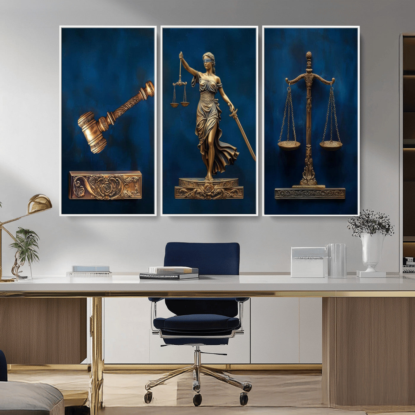 MGV-FC-48X32-3P - Lady Justice Wall Art Canvas Print – Elegant Gold Legal Symbols on Blue Background, Perfect for Law