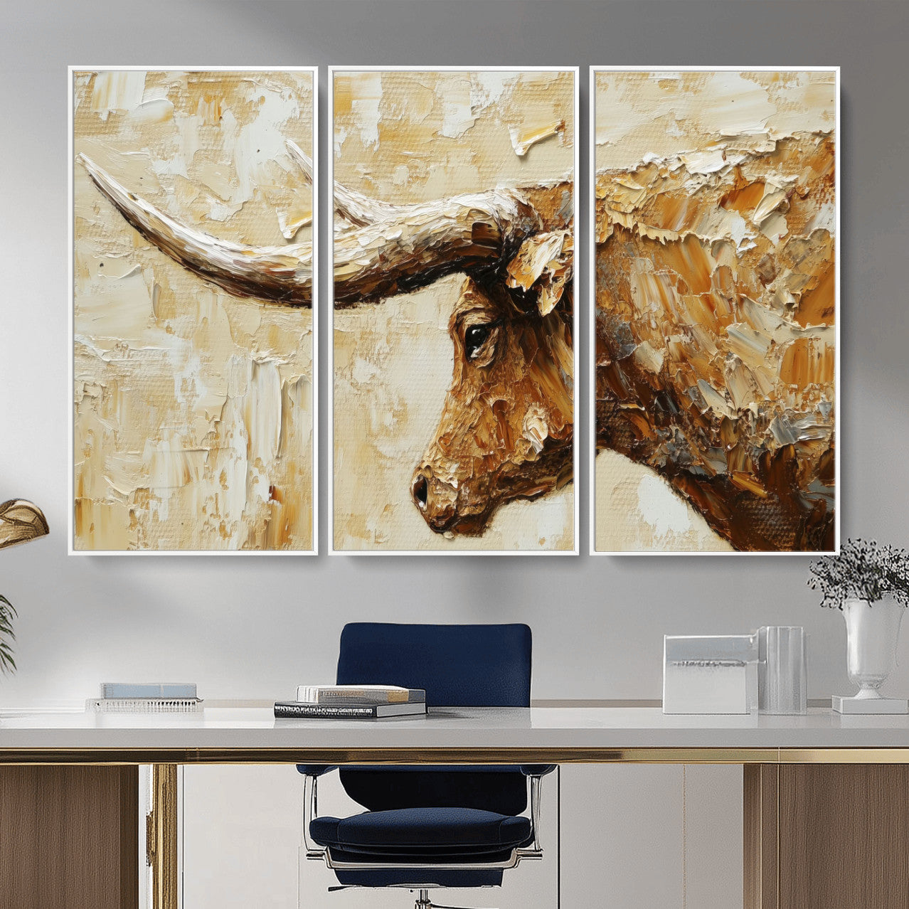 69611428-MGV-CV-36X24 - Rustic Longhorn Bull Wall Art Canvas Print – Vintage Western Cattle Painting, Texas Abstract Wall Cow Prints