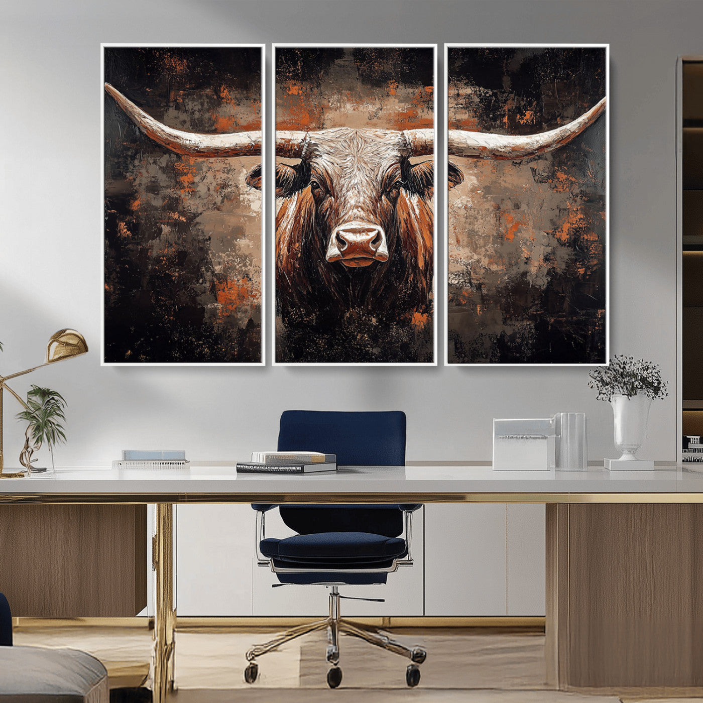 Rustic Longhorn Bull Wall Art Canvas Print – Vintage Western Cattle Painting, Texas Steer Artwork for Ranch, Farmhouse or Cowboy Decor