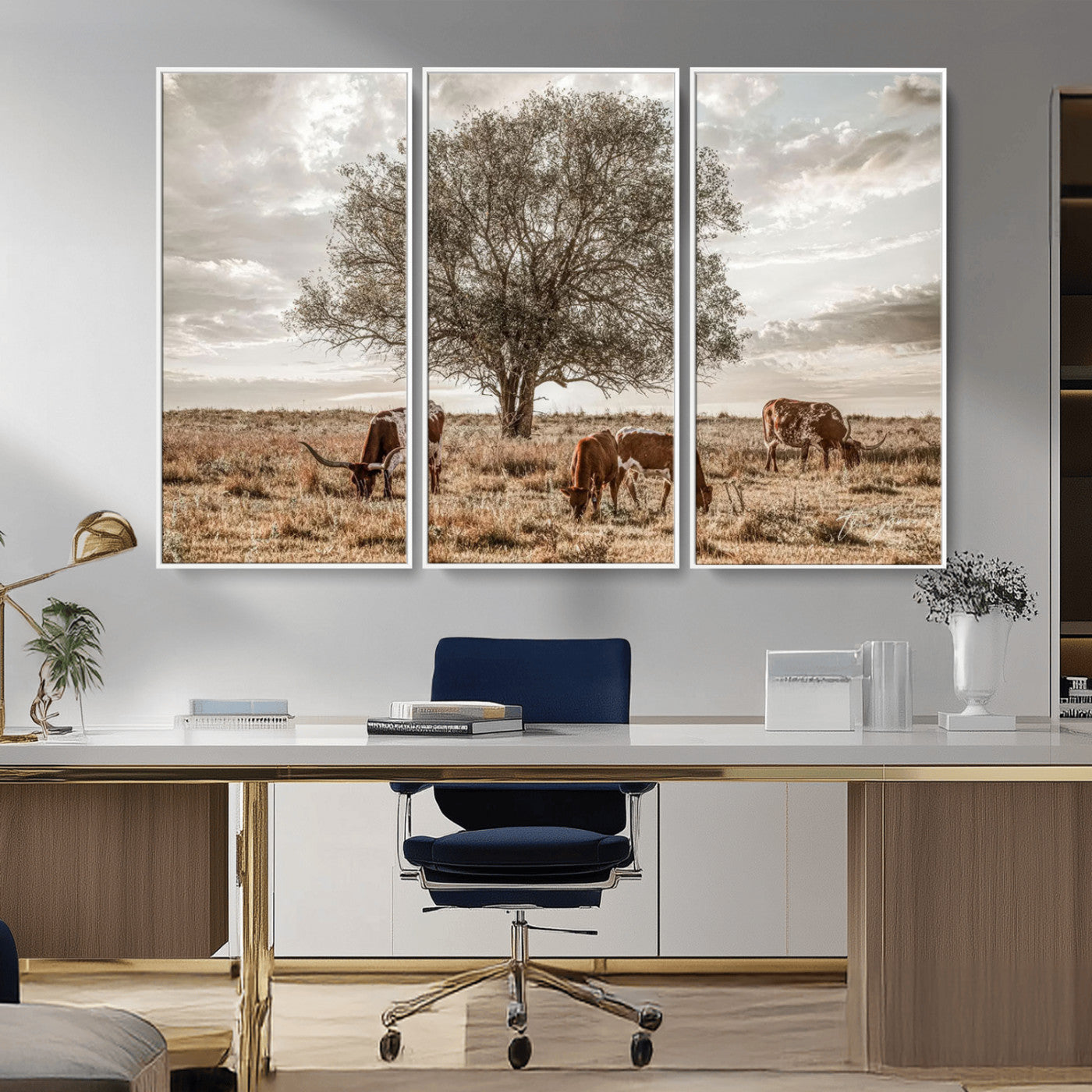 Texas Longhorn Cattle Wall Art Canvas Print – Rustic Western Ranch Scene with Steers at Sunset, Perfect for Farmhouse or Cowboy Decor