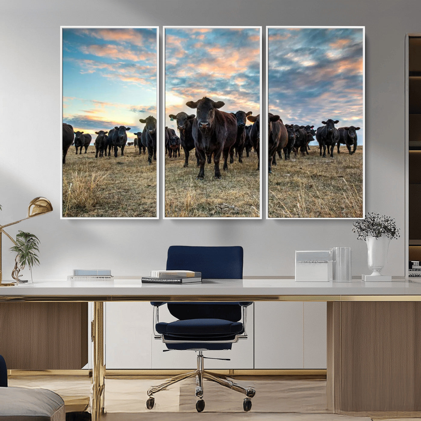 13867292-MGV-CV-36X24-Texas Longhorn Cattle Wall Art Canvas Print – Rustic Western Ranch Scene with Steers at Sunset, Perfect for Farmhouse or Cowboy Decor