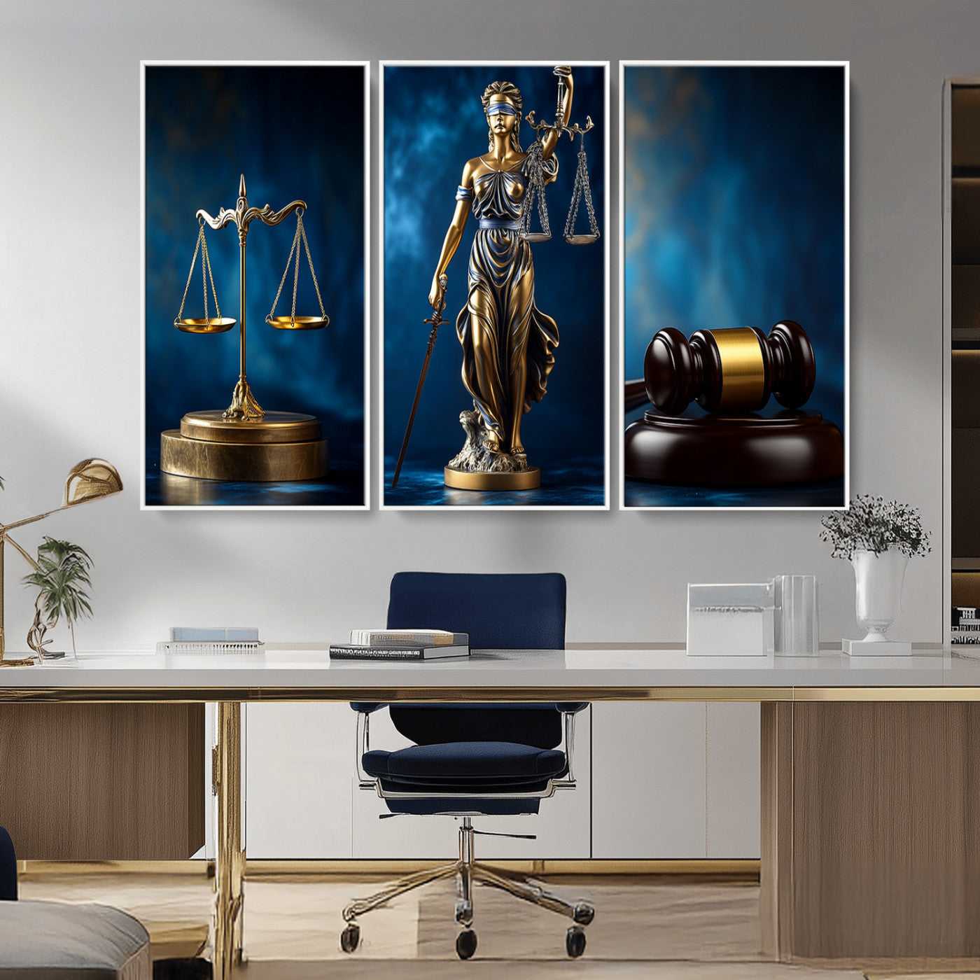 MGV-FC-48X32-3P - Lady Justice Wall Art Canvas Print – Elegant Gold Legal Symbols on Blue Background, Perfect for Law