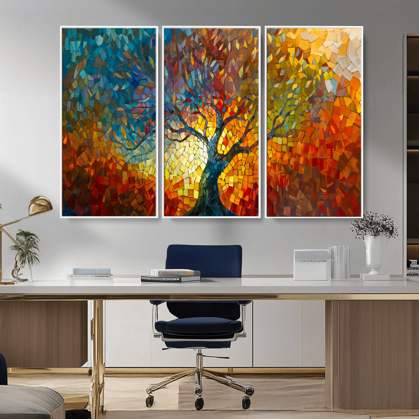 MGV-FC-48X32-3P - Yggdrasil Tree of Life Mosaic Stained Glass Wall Art Canvas, Yggdrasil Tree of Life Mosaic Canvas